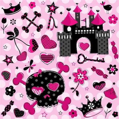 die toon - cute aggressive girlish black and red elements set on pink background Stock Photo - Budget Royalty-Free & Subscription, Code: 400-06852067