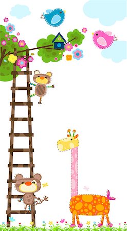 simsearch:400-07302853,k - giraffe and little monkeys near a tree with a bird`s house Foto de stock - Royalty-Free Super Valor e Assinatura, Número: 400-06852069