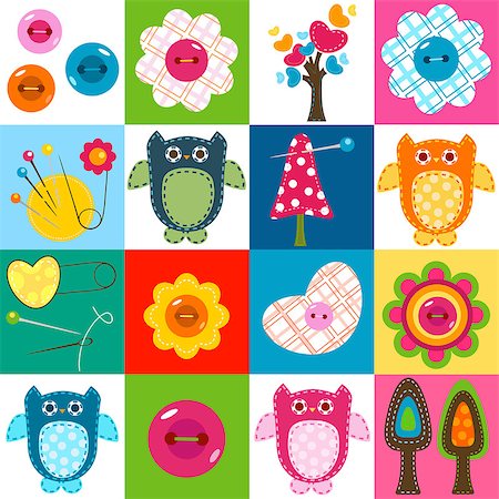 cute stitch owls and other baby themed elements Stock Photo - Budget Royalty-Free & Subscription, Code: 400-06852160