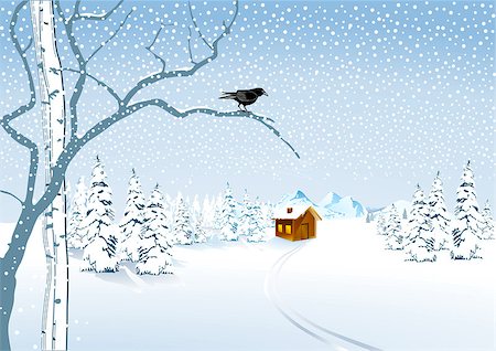 raven crow vector - a cottage in the snow Stock Photo - Budget Royalty-Free & Subscription, Code: 400-06852329