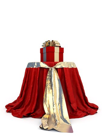 Table covered with a red cloth with gold ribbons and a big present Foto de stock - Royalty-Free Super Valor e Assinatura, Número: 400-06852901