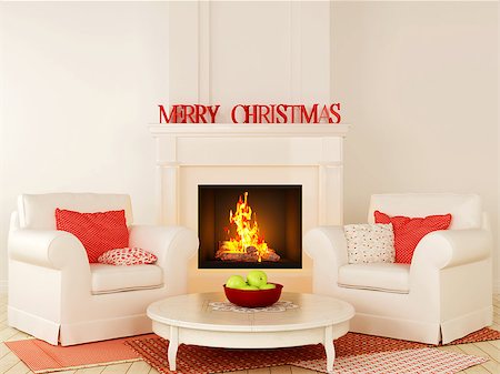Christmas interior in red and white color with fireplace in the center of the composition, comfortable chairs and a nice little round table in the center Foto de stock - Royalty-Free Super Valor e Assinatura, Número: 400-06852903