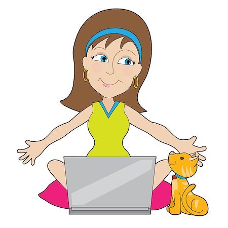 A young woman is happy about something onher laptop - there is a cat sitting beside her who is also happy. Stock Photo - Budget Royalty-Free & Subscription, Code: 400-06852988