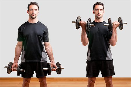 simsearch:400-06914161,k - Personal Trainer doing standing dumbbell curls for training his biceps Photographie de stock - Aubaine LD & Abonnement, Code: 400-06853089