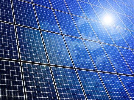 renewable and energy - Array of solar panels with blue sky reflection Stock Photo - Budget Royalty-Free & Subscription, Code: 400-06853280