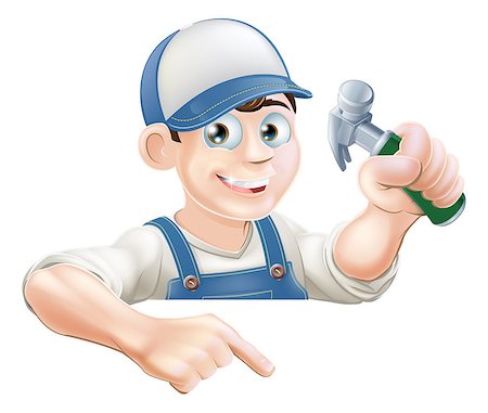 engineers hat cartoon - A cartoon carpenter or construction guy with a hammer peeking over a sign or banner and pointing at it Stock Photo - Budget Royalty-Free & Subscription, Code: 400-06853716