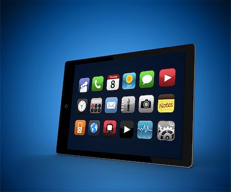 Tablet computer with applications against dark blue background Stock Photo - Budget Royalty-Free & Subscription, Code: 400-06864030