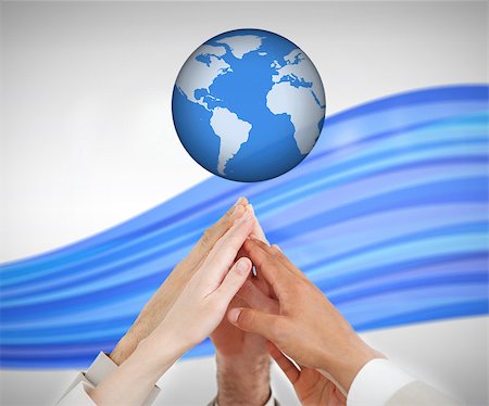 simsearch:400-04534247,k - People reaching hands up to a globe against white background with blue wave Foto de stock - Royalty-Free Super Valor e Assinatura, Número: 400-06864061