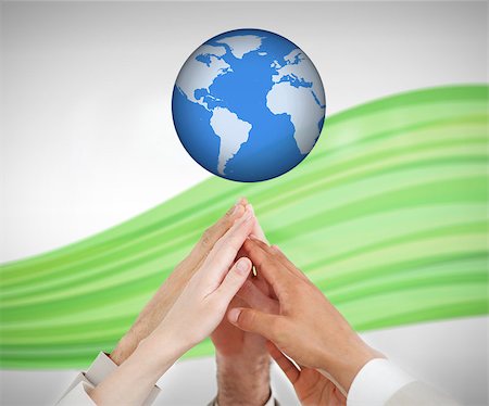 simsearch:400-04534247,k - People reaching hands up to a globe against white background with green wave Foto de stock - Royalty-Free Super Valor e Assinatura, Número: 400-06864062