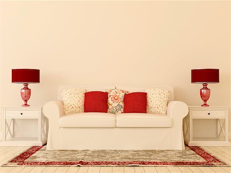 Interior composition of white sofa, red table lamps and red decor that create holiday mood Foto de stock - Royalty-Free Super Valor e Assinatura, Número: 400-06866784