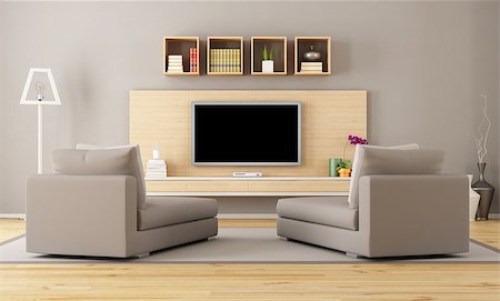 Cntemporary living room with tv - rendering Stock Photo - Budget Royalty-Free & Subscription, Code: 400-06867099