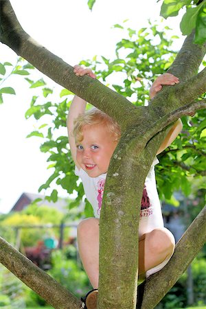 Smiling child climbing a tree in the garden Stock Photo - Budget Royalty-Free & Subscription, Code: 400-06867240