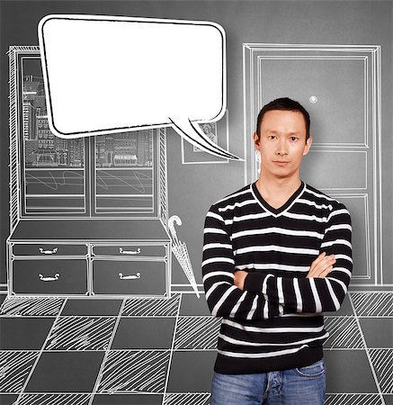 speech bubble with someone thinking - Asian man in striped with speech bubble Stock Photo - Budget Royalty-Free & Subscription, Code: 400-06867912