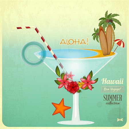 Summer card in Vintage Style. Rest Concept - Cocktail and Hawaiian items. Vector Illustration. Stock Photo - Budget Royalty-Free & Subscription, Code: 400-06867957