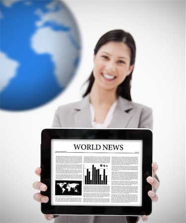 simsearch:859-03884962,k - Businesswoman holding digital tablet showing world news on white background with blue globe Foto de stock - Royalty-Free Super Valor e Assinatura, Número: 400-06868476