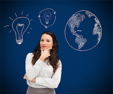 simsearch:400-06869489,k - Businesswoman standing against a picture of bulbs and globe in background Photographie de stock - Aubaine LD & Abonnement, Code: 400-06869473