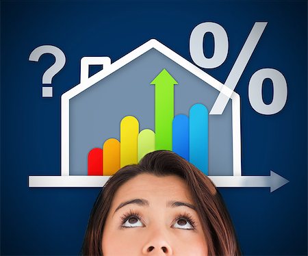 simsearch:400-06869489,k - Woman standing against a blue background looking up at energy efficient house graphic with question and percentage marks Photographie de stock - Aubaine LD & Abonnement, Code: 400-06869514