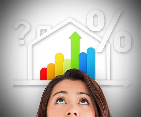 Woman looking up at energy efficient house graphic with question and percentage marks Stock Photo - Budget Royalty-Free & Subscription, Code: 400-06869513