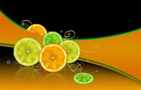 Composition on a black background of oranges, lemons, limes and bubbles. Stockbilder - Microstock & Abonnement, Bildnummer: 400-06860416