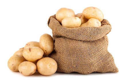 Ripe potato in burlap sack isolated on white background Stockbilder - Microstock & Abonnement, Bildnummer: 400-06860574