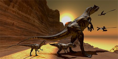 Mother Allosaurus watches as two Archaeopteryx birds fly to mountain cliffs to roost for the night. Stockbilder - Microstock & Abonnement, Bildnummer: 400-06861714