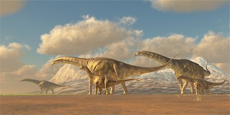 simsearch:400-07039388,k - A herd of Argentinosaurus dinosaurs walk towards more fertile vegetation to eat and water to drink. Stockbilder - Microstock & Abonnement, Bildnummer: 400-06861717