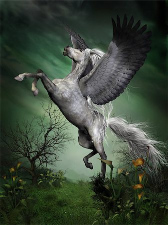 A dapple grey pegasus takes to flight from a forest knoll with huge wing beats. Foto de stock - Super Valor sin royalties y Suscripción, Código: 400-06861726