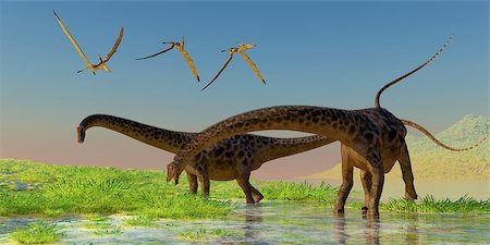 simsearch:400-07039388,k - A flock of Pterosaur birds fly over two Diplodocus dinosaurs feeding in a lush marsh. Stockbilder - Microstock & Abonnement, Bildnummer: 400-06861727