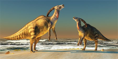 simsearch:400-07039388,k - Two Parasaurolophus dinosaurs bellow at each other to claim territory on a seacoast beach. Stockbilder - Microstock & Abonnement, Bildnummer: 400-06861747
