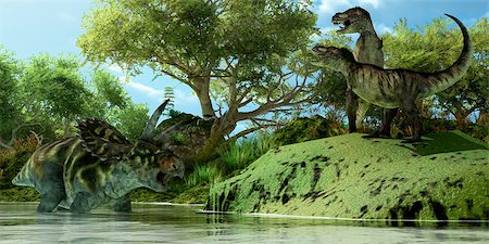 simsearch:400-04236748,k - Two Tyrannosaurus dinosaurs roar in frustration as Coahuilaceratops dinosaur uses the water as a refuge from attack. Foto de stock - Super Valor sin royalties y Suscripción, Código: 400-06861757