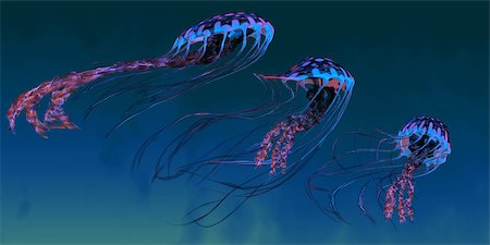 simsearch:400-07983570,k - A pod of iridescent red and blue jellyfish swim together in the vast ocean. Stock Photo - Budget Royalty-Free & Subscription, Code: 400-06861751