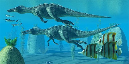 prehistoric sea monster pictures - Two Suchomimus dinosaurs dive and search for big fish prey to capture and eat. Stock Photo - Budget Royalty-Free & Subscription, Code: 400-06861753