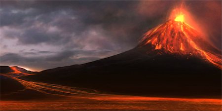 Red hot lava flows down a mountain as a volcano explodes in fire and smoke. Stockbilder - Microstock & Abonnement, Bildnummer: 400-06861762