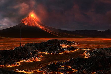 Red hot lava runs through the landscape as a volcanic mountain explodes with fire. Photographie de stock - Aubaine LD & Abonnement, Code: 400-06861763