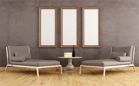 Two modern couch against grunge wall with empty frames - rendering Stock Photo - Budget Royalty-Free & Subscription, Code: 400-06875015