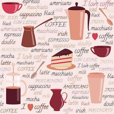 simsearch:400-07976610,k - Seamless pattern with coffee items and colorful text Stockbilder - Microstock & Abonnement, Bildnummer: 400-06875217