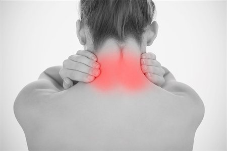 simsearch:695-05769616,k - Woman touching highlighted neck pain in black and white Stock Photo - Budget Royalty-Free & Subscription, Code: 400-06875506