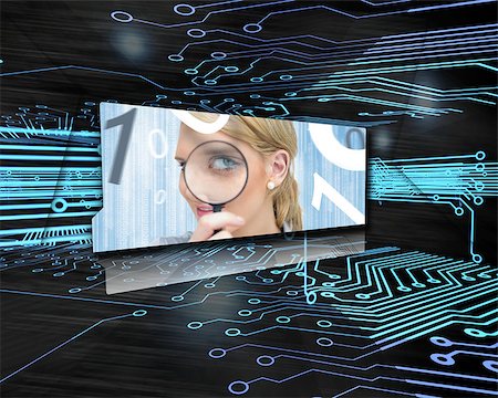 Screen showing woman with magnifying glass in digital blue and black circuit board Stock Photo - Budget Royalty-Free & Subscription, Code: 400-06875544