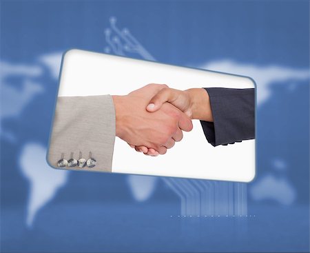Screen with image of handshake in blue digital interface with world map Photographie de stock - Aubaine LD & Abonnement, Code: 400-06875553