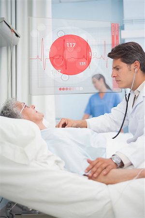 doctor elderly patient - Doctor checking pulse of elderly patient beside hovering futuristic screen displaying ECG data Foto de stock - Super Valor sin royalties y Suscripción, Código: 400-06875784