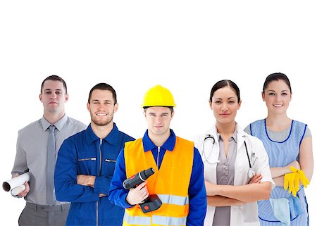 engineer standing with arms crossed - Group of people with different jobs standing arms folded in line on white background Photographie de stock - Aubaine LD & Abonnement, Code: 400-06876114