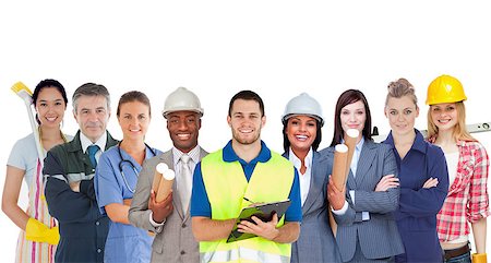 engineer standing with arms crossed - Group of smiling people with different jobs standing in line on white background Stock Photo - Budget Royalty-Free & Subscription, Code: 400-06876117