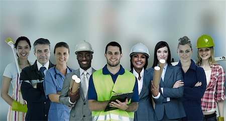 engineer standing with arms crossed - Smiling people with different jobs standing in line Stock Photo - Budget Royalty-Free & Subscription, Code: 400-06876118