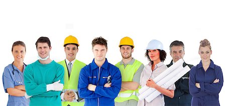 engineer standing with arms crossed - Group of people with different jobs standing in line on white background Photographie de stock - Aubaine LD & Abonnement, Code: 400-06876119