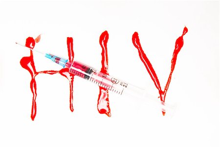 HIV spelled out in blood and syringe filled with blood on white background Stock Photo - Budget Royalty-Free & Subscription, Code: 400-06876200