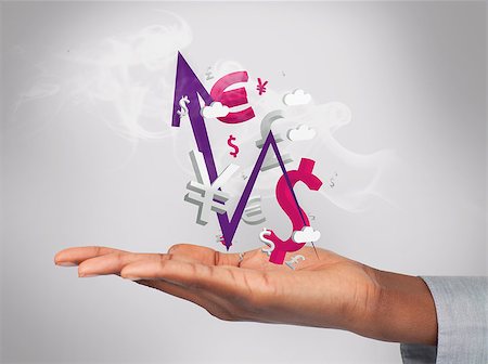 simsearch:400-06876570,k - Businesswoman holding smoking currency and arrow in his hand in pink and purple Photographie de stock - Aubaine LD & Abonnement, Code: 400-06876536