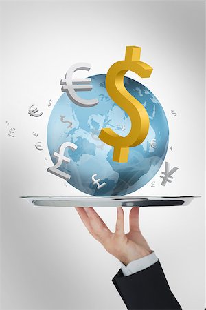 simsearch:400-06876570,k - Waiter presenting the world and its currencies on silver tray Stock Photo - Budget Royalty-Free & Subscription, Code: 400-06876548
