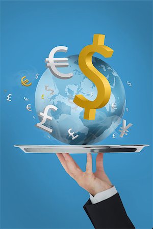 simsearch:400-06876570,k - Waiter presenting the world and currency on blue background Stock Photo - Budget Royalty-Free & Subscription, Code: 400-06876551
