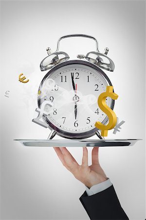 simsearch:400-06876570,k - Waiter presenting time is money concept on white background Foto de stock - Royalty-Free Super Valor e Assinatura, Número: 400-06876552