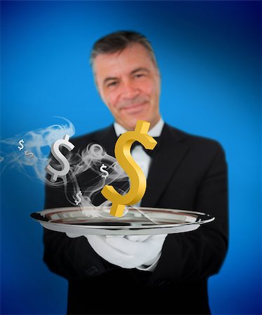 simsearch:400-06876570,k - Waiter offering smoking dollars on blue background Foto de stock - Royalty-Free Super Valor e Assinatura, Número: 400-06876571